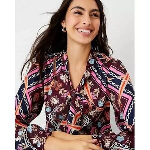 Ann Taylor Floral Scarf Print Tie Neck Button down Blouse Size L
